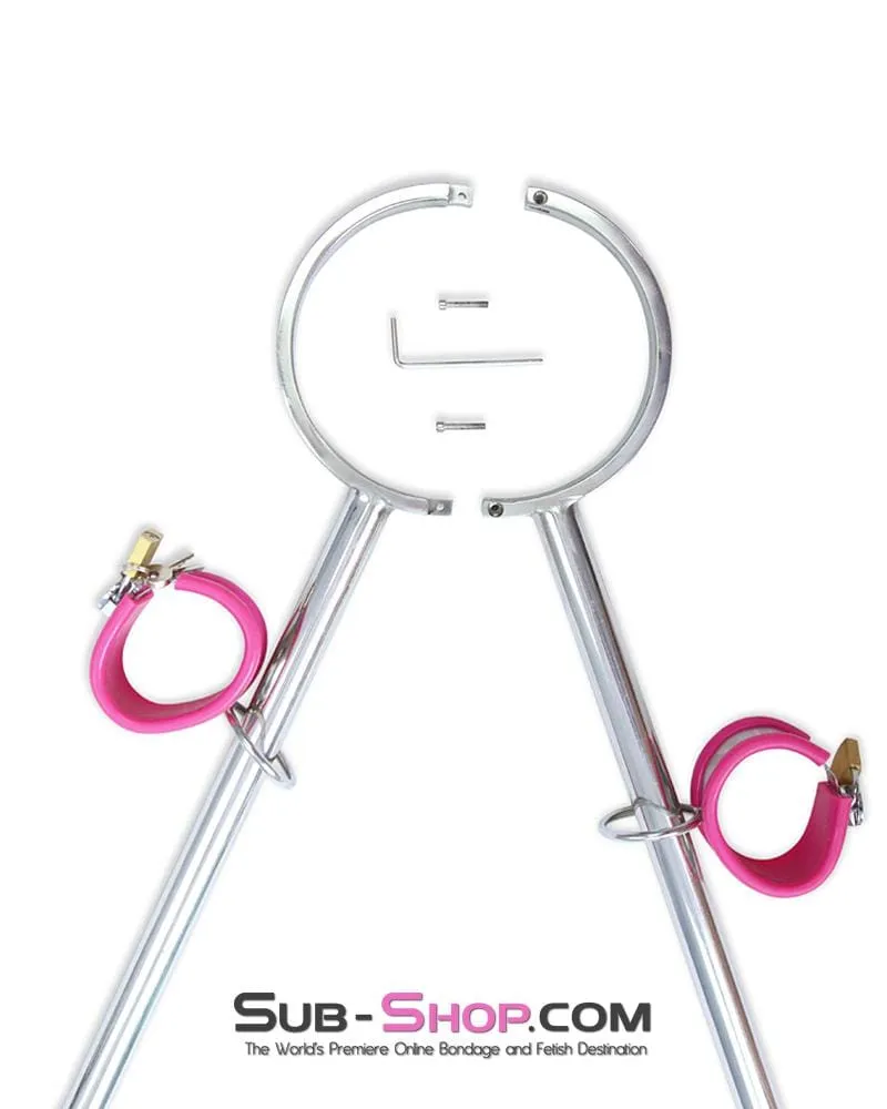 0739M-SIS      Iron Maiden Tripod Sissy Boi Bondage Collar Dominatrix Sissy Rig with Pink Rubber Lined Steel Wrist and Ankle Cuffs