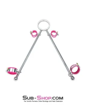 0739M-SIS      Iron Maiden Tripod Sissy Boi Bondage Collar Dominatrix Sissy Rig with Pink Rubber Lined Steel Wrist and Ankle Cuffs