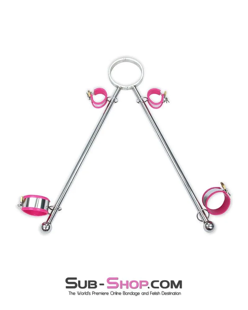 0739M-SIS      Iron Maiden Tripod Sissy Boi Bondage Collar Dominatrix Sissy Rig with Pink Rubber Lined Steel Wrist and Ankle Cuffs