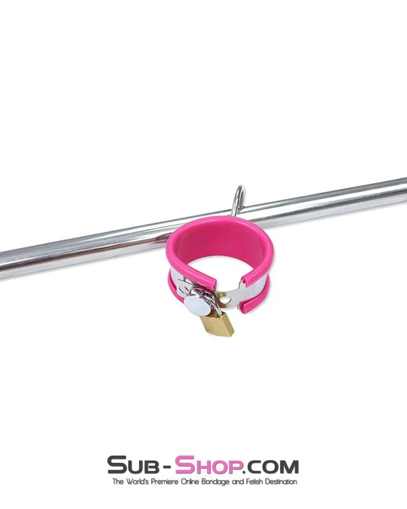 0739M-SIS      Iron Maiden Tripod Sissy Boi Bondage Collar Dominatrix Sissy Rig with Pink Rubber Lined Steel Wrist and Ankle Cuffs