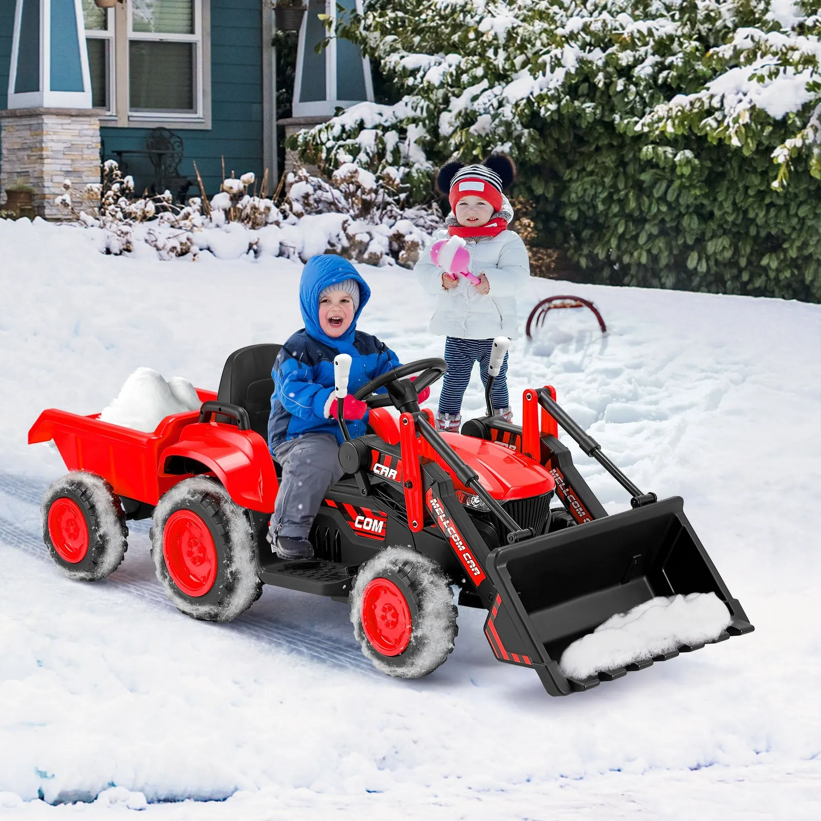 EROMMY 12V Ride-on Bulldozer for Kids with Front Loader, Horn, Lights, Music, Safety Belt, Red