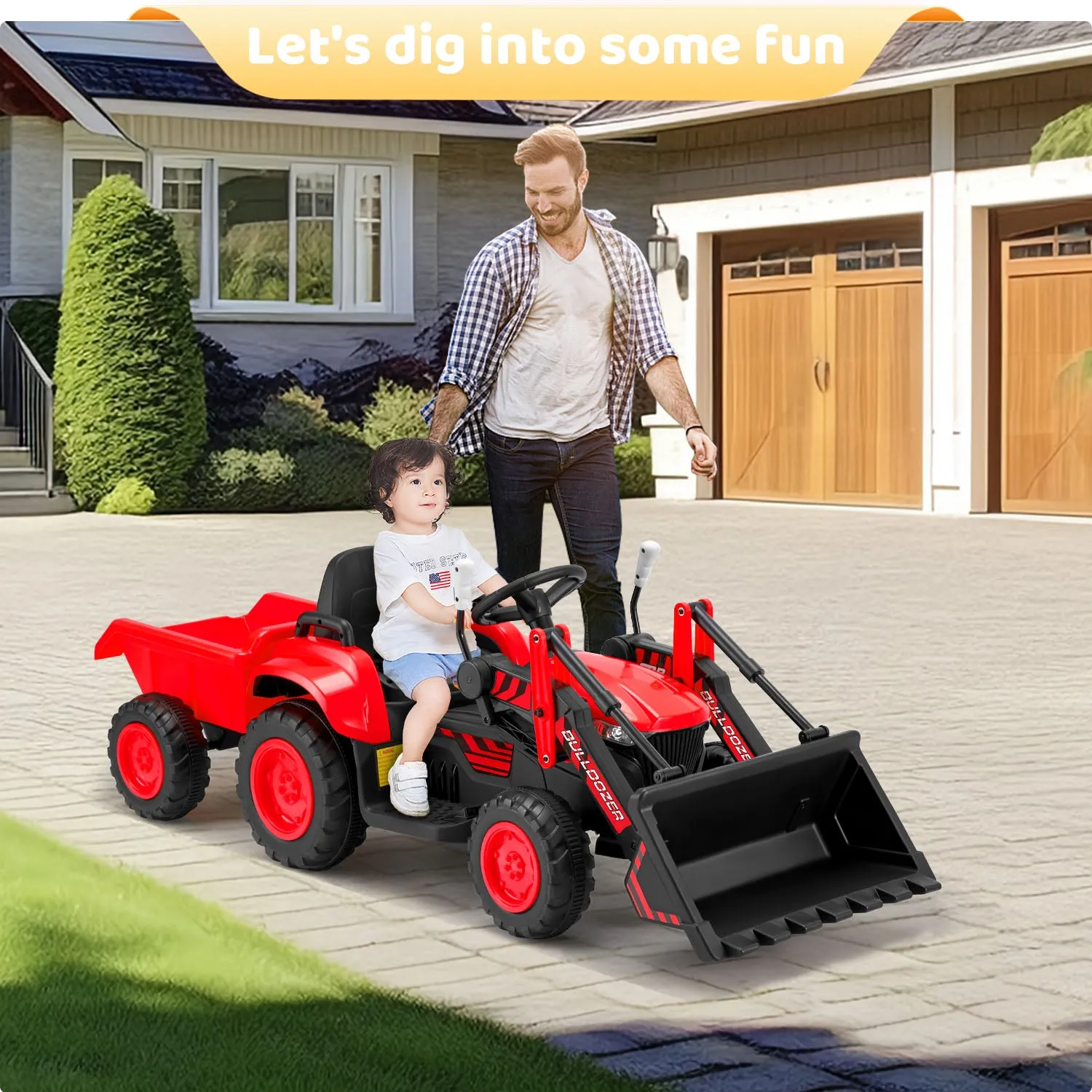 EROMMY 12V Ride-on Bulldozer for Kids with Front Loader, Horn, Lights, Music, Safety Belt, Red