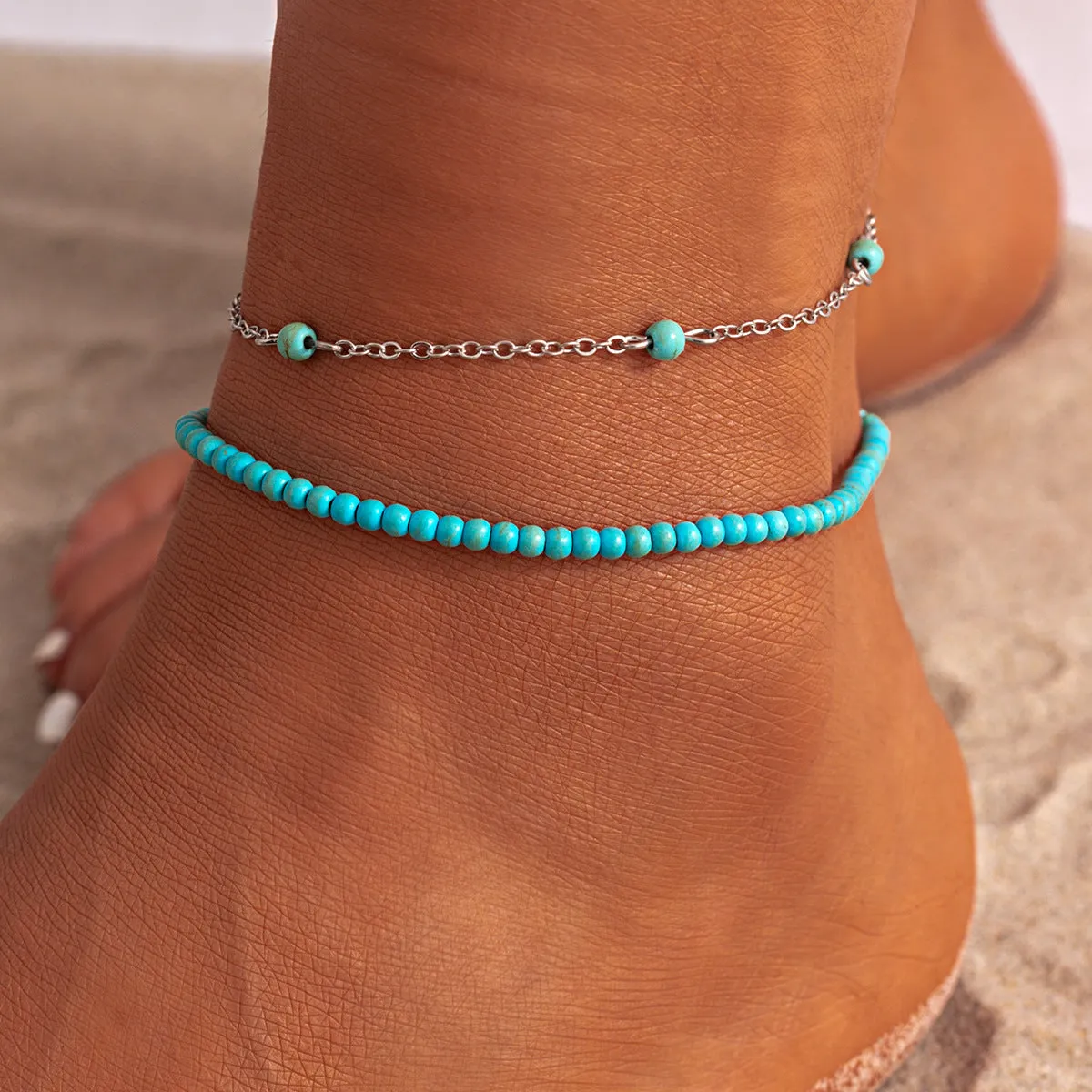 European and American Cross-Border Jewelry: Vienna Verve Alloy Bracelet with Crushed Stone Ankle Chains, Tassels, Vintage Rice Beads, and Seashells