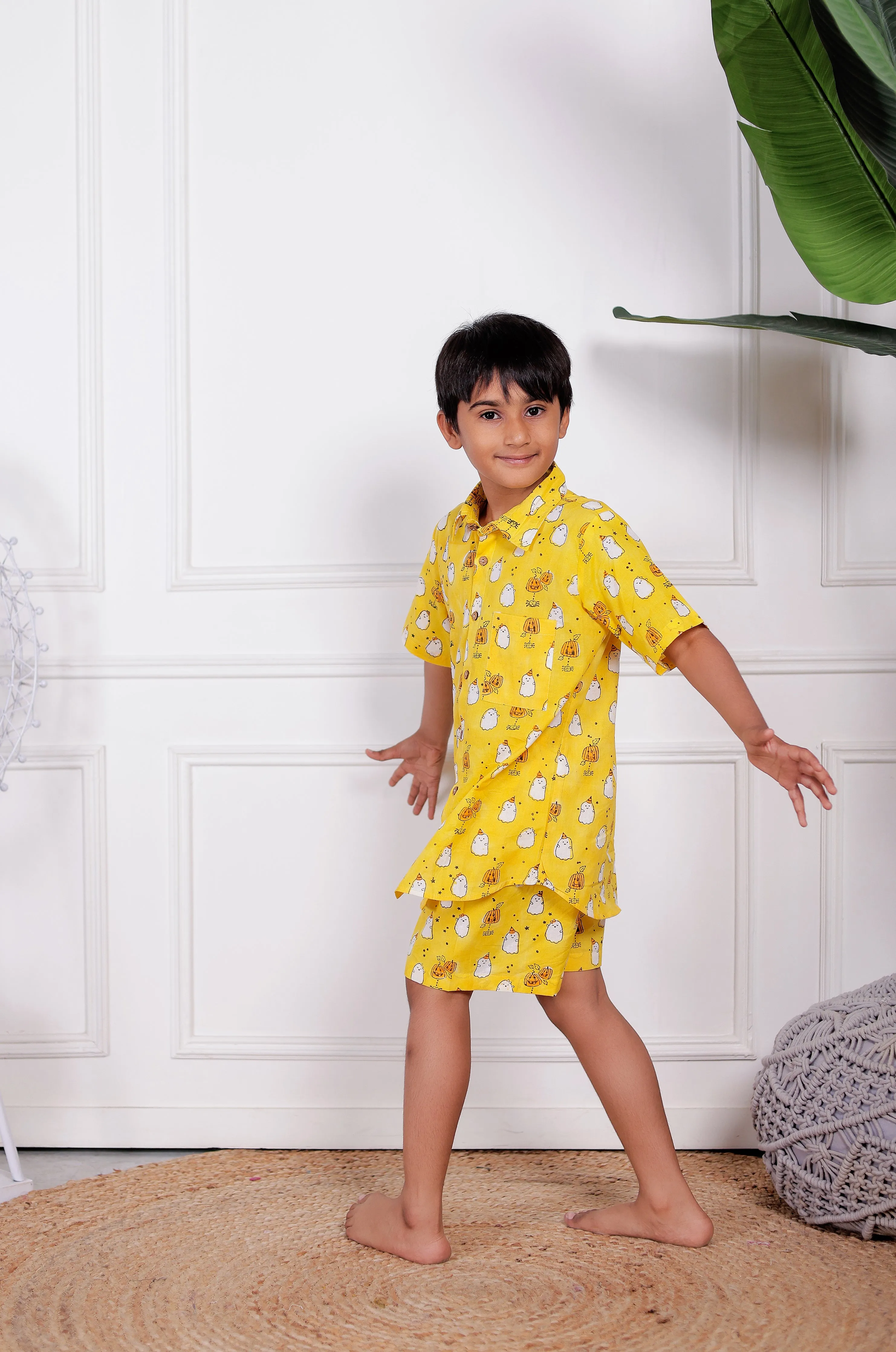 Ghost Print Yellow Co-ord Sets for Boys | Handblock Printed Boys Outfits
