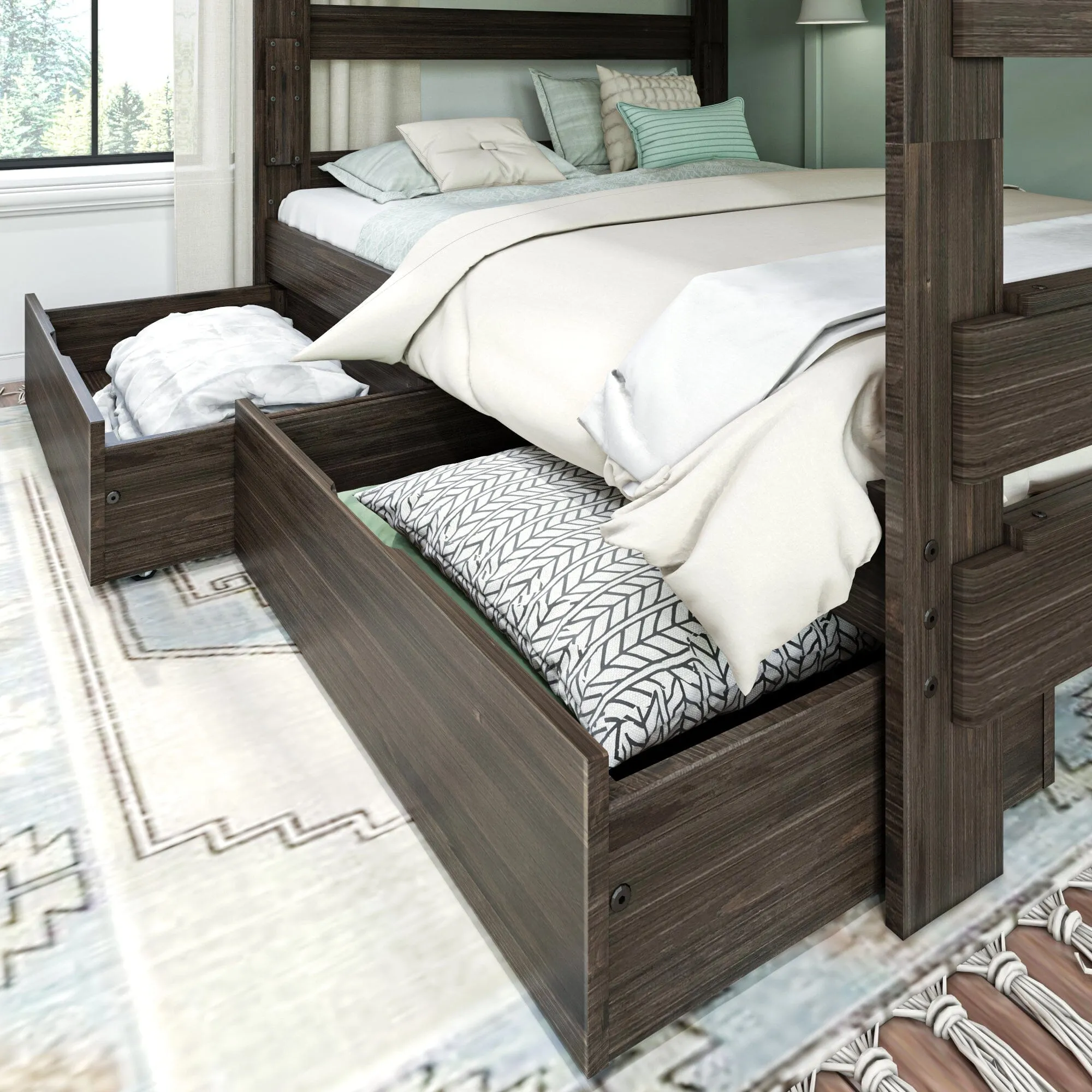 Modern Farmhouse Queen Over Queen Bunk Bed With Storage Drawers