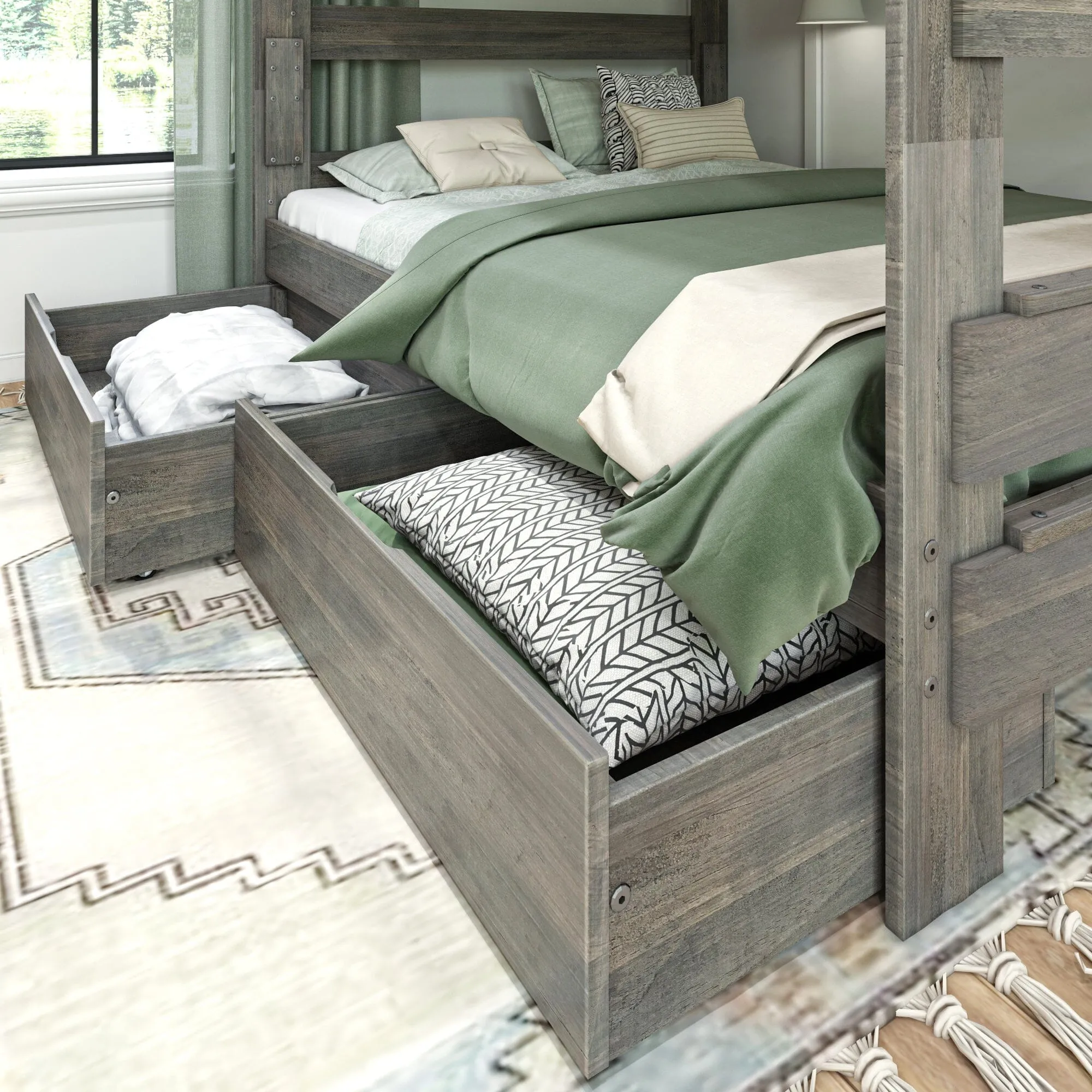 Modern Farmhouse Queen Over Queen Bunk Bed With Storage Drawers