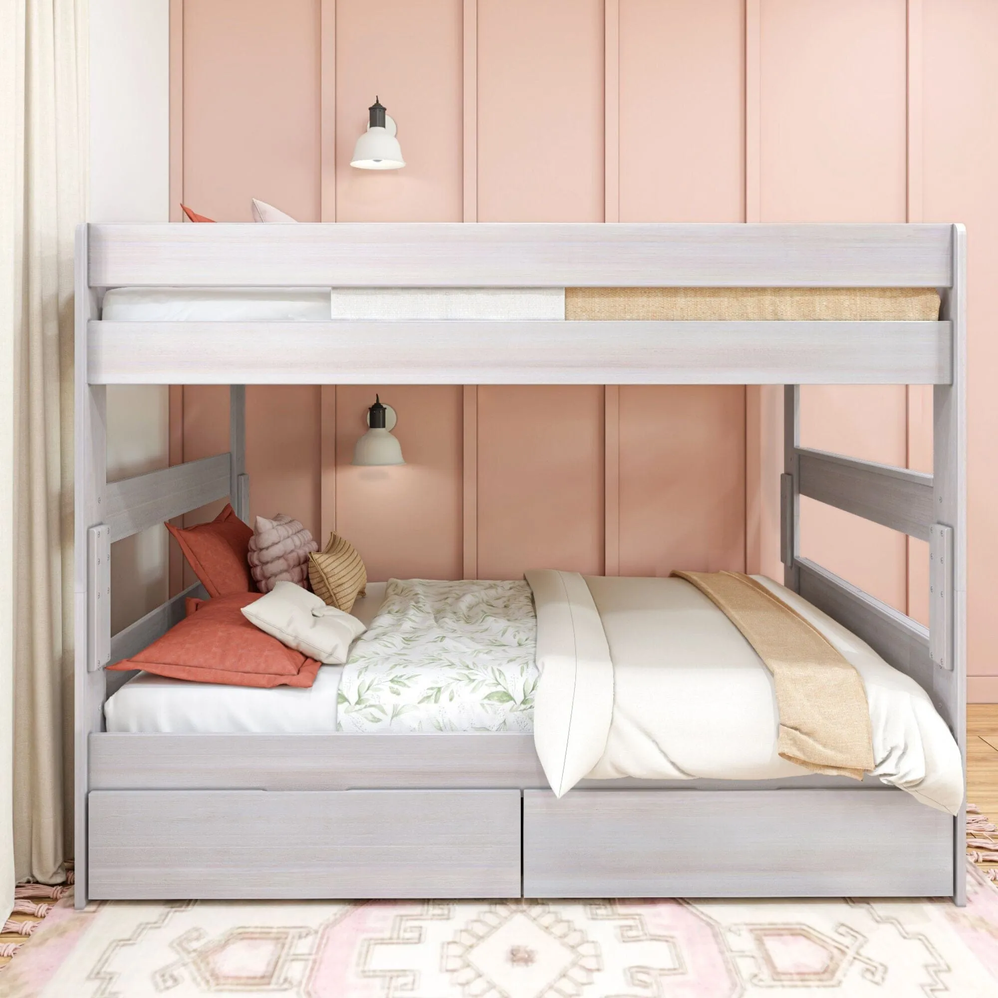 Modern Farmhouse Queen Over Queen Bunk Bed With Storage Drawers