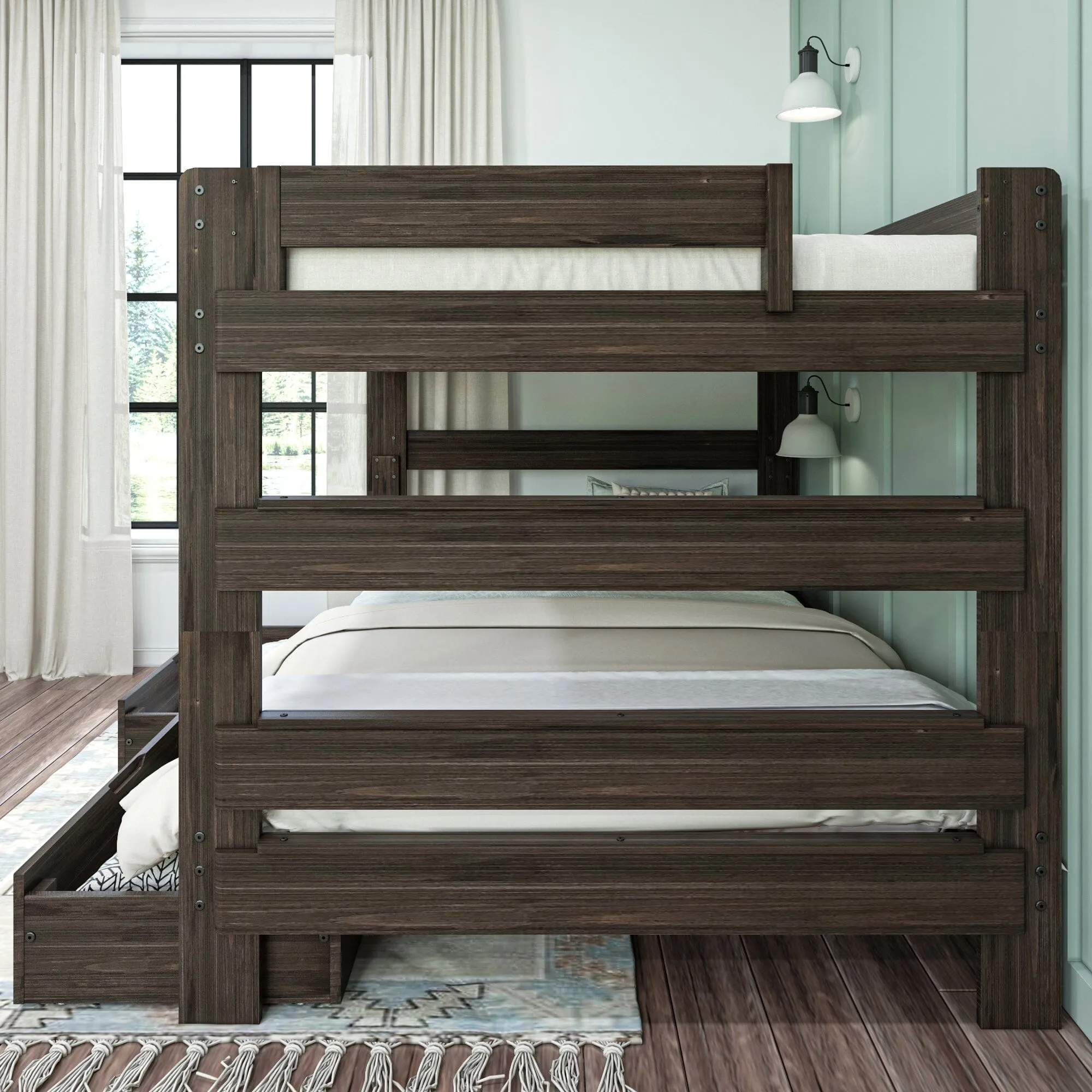 Modern Farmhouse Queen Over Queen Bunk Bed With Storage Drawers