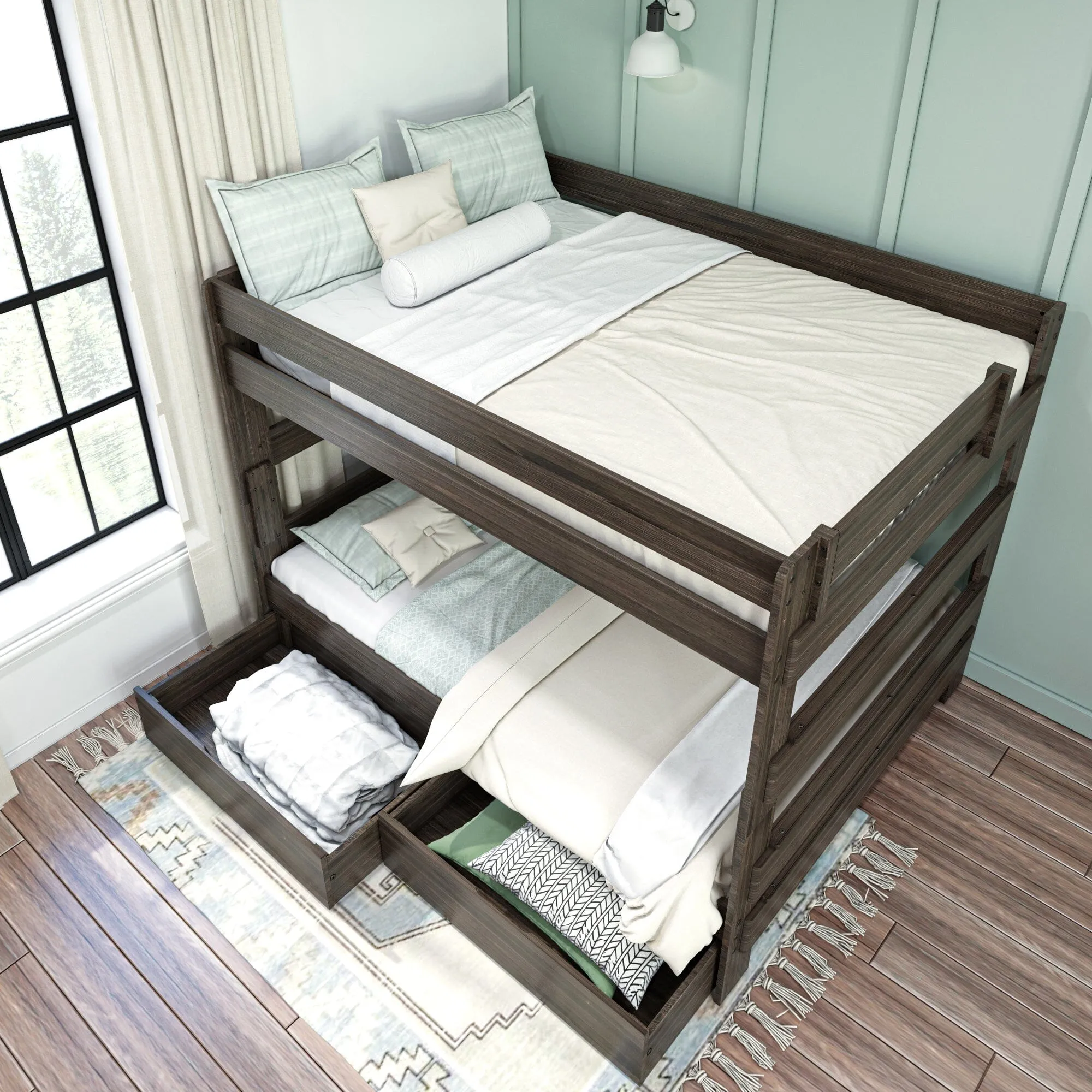 Modern Farmhouse Queen Over Queen Bunk Bed With Storage Drawers