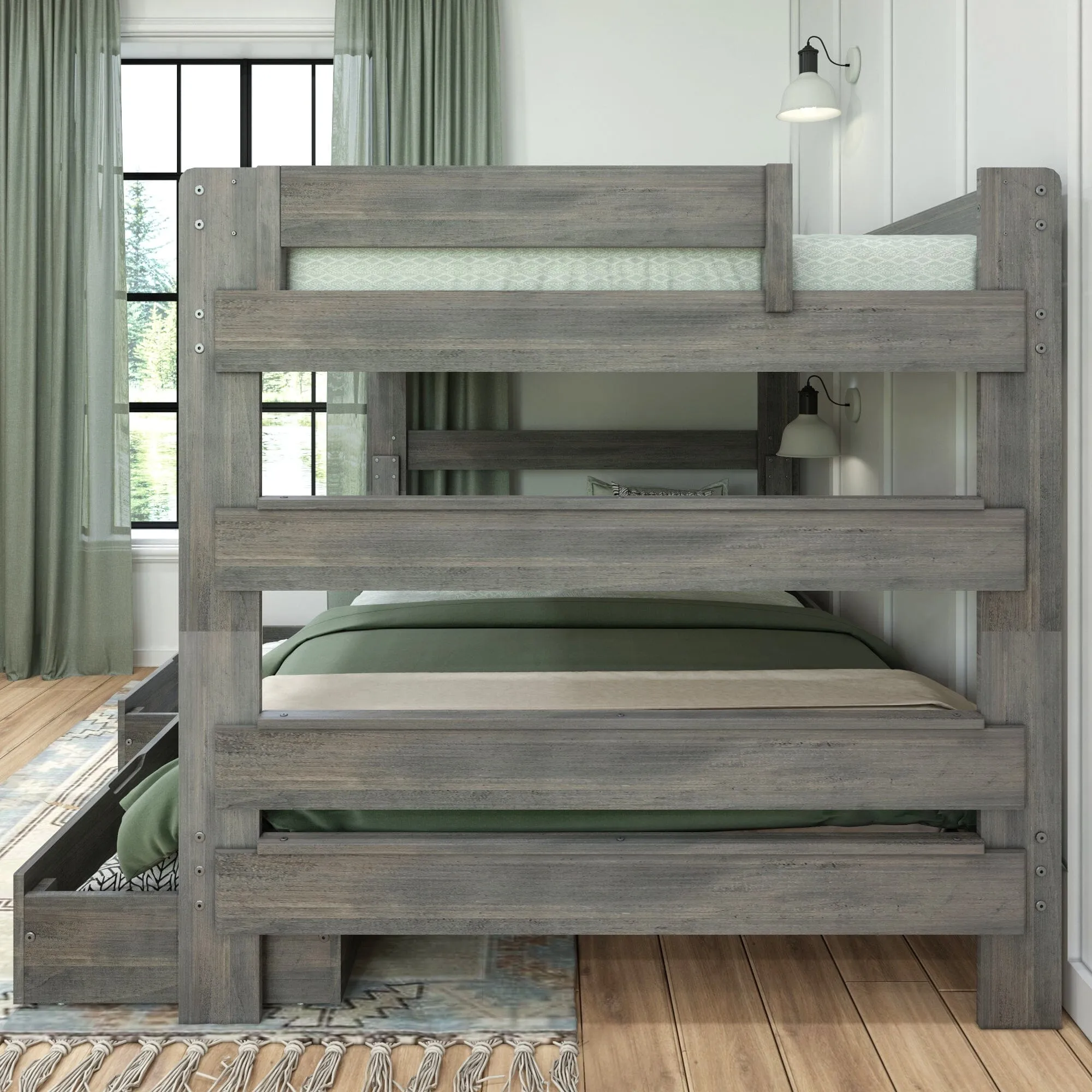 Modern Farmhouse Queen Over Queen Bunk Bed With Storage Drawers