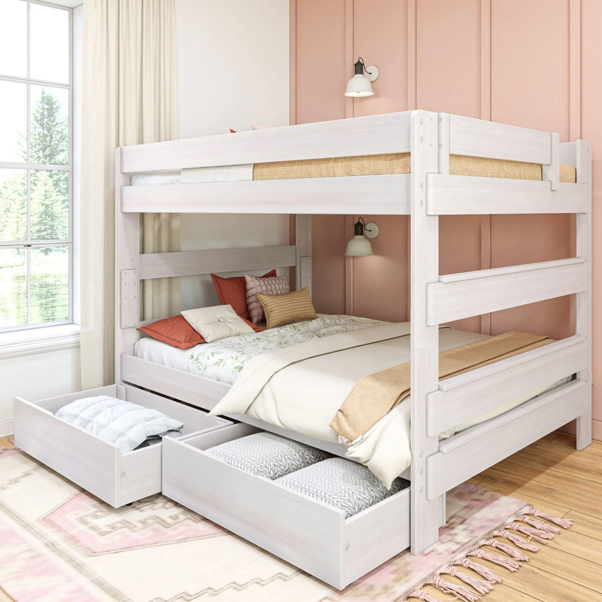 Modern Farmhouse Queen Over Queen Bunk Bed With Storage Drawers
