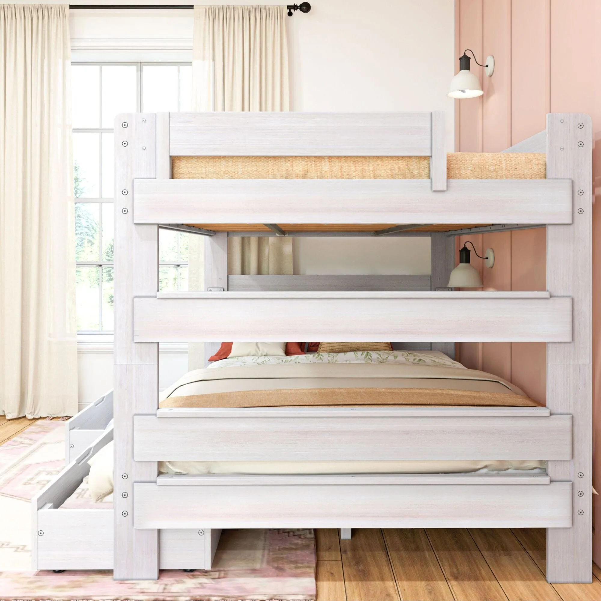 Modern Farmhouse Queen Over Queen Bunk Bed With Storage Drawers
