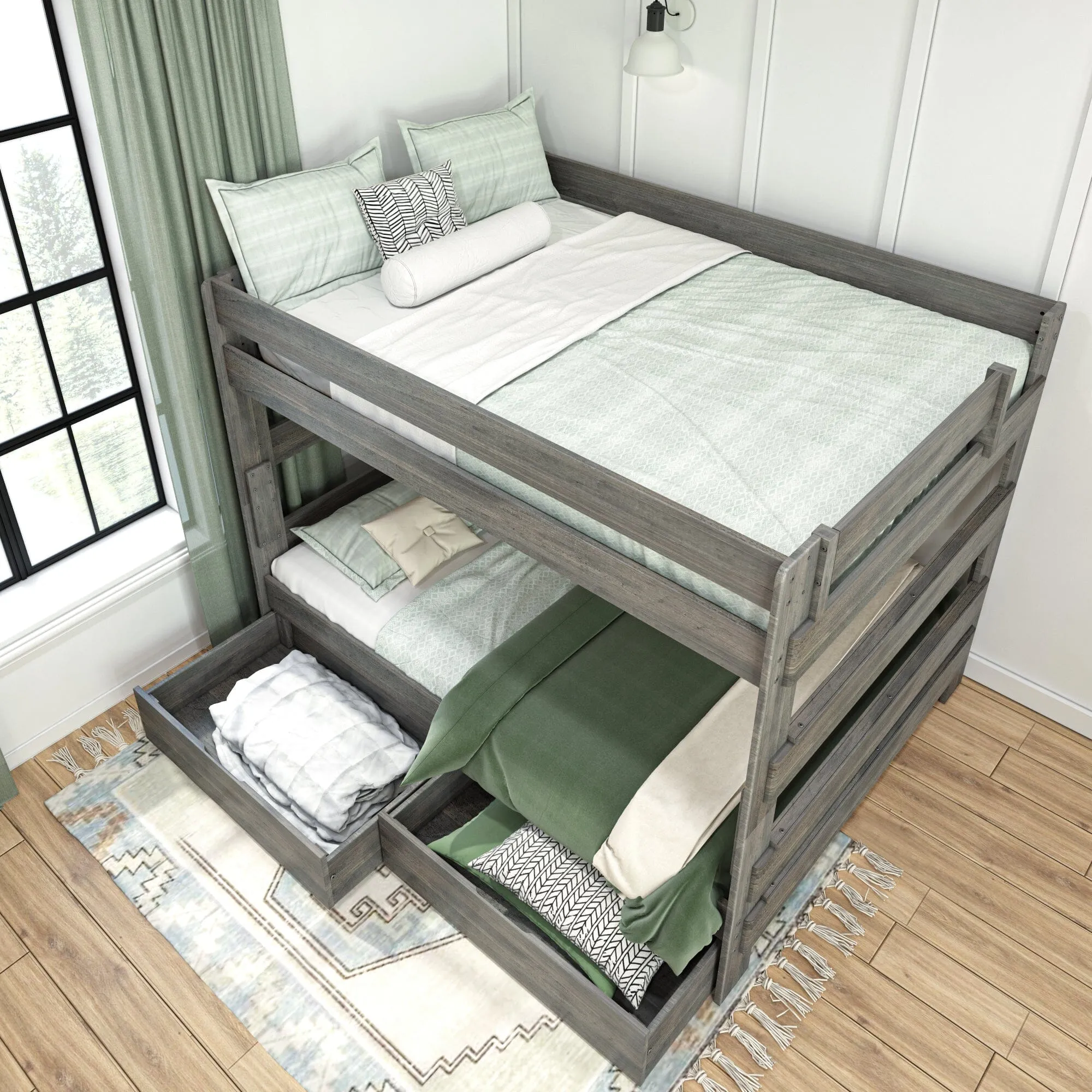 Modern Farmhouse Queen Over Queen Bunk Bed With Storage Drawers