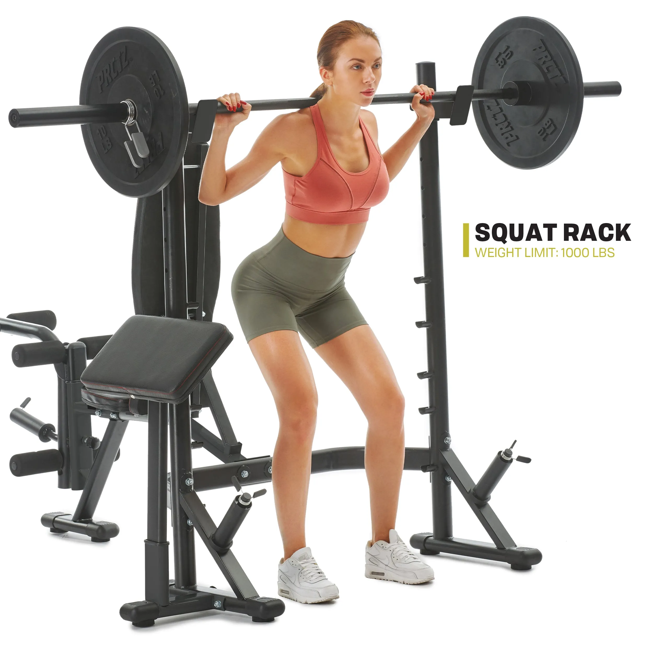 PRCTZ Adjustable weight Bench with Olympic Squat Rack, Arm and Leg Developer with Preacher Pad