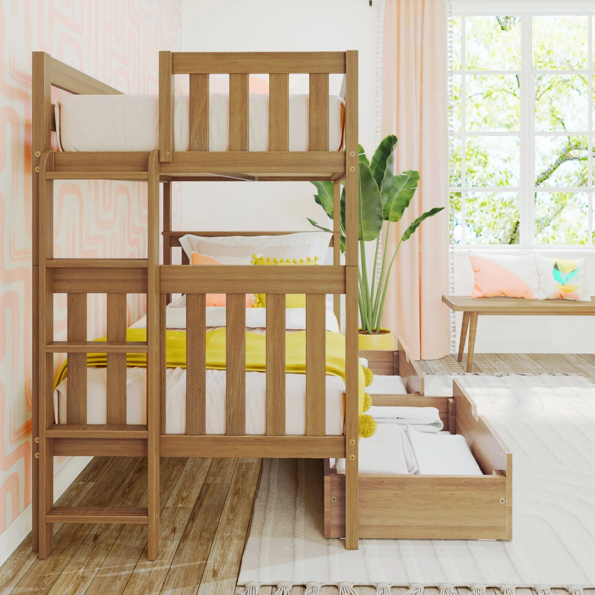Twin Over Twin Bunk Bed With Storage Drawers & Ladder on End
